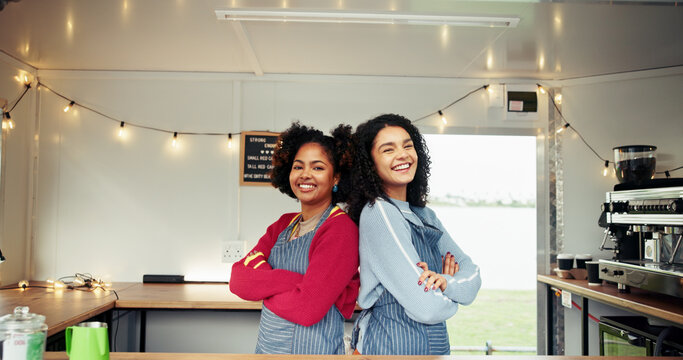 Portrait, women and team in food truck with confidence for startup, small business and service. Happy people, partner and barista with arms crossed in cafe trailer for support, collaboration or pride - Powered by Adobe