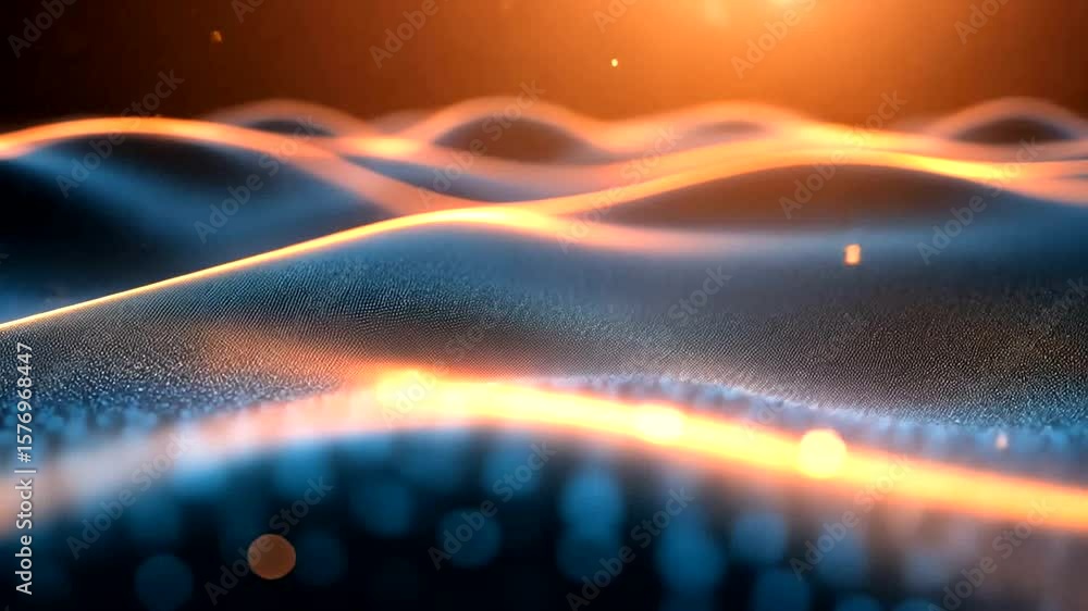 Poster abstract digital wave background with glowing particles and orange light rays animation