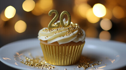 A cupcake with white frosting and a golden number twenty candle on a white plate with bokeh lights