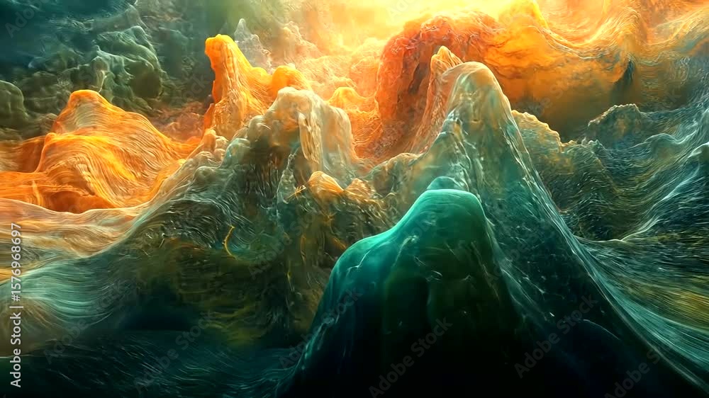 Poster abstract dynamic landscape with ocean waves and fiery sky creating a powerful visual