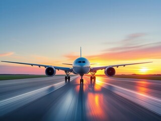 Aircraft takeoff at sunset airport runway photography serene environment front view aviation concepts