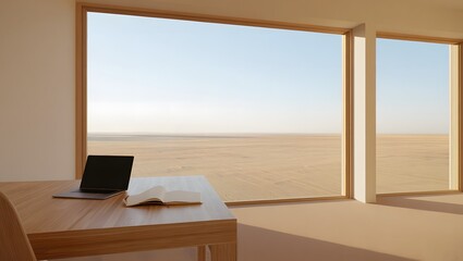 Wooden desk with open book and laptop overlooking vast desert landscape window