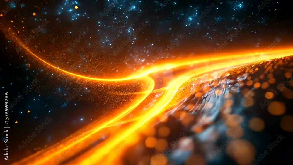 Poster abstract energy stream of golden light across a dark space backdrop with bokeh effects
