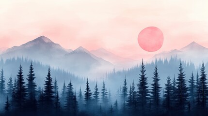 Misty mountain range with a pink sunrise over a dense forest.
