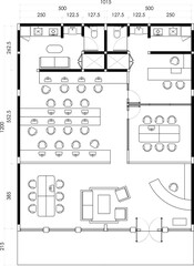 Office Floor Plan with Meeting Room, Workstations, Reception, and Facilities. 1