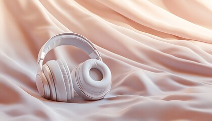 White Headphones on Flowing Pink Fabric Conveying Elegance

