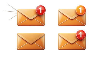 Four email notifications with unread messages isolated on transparent background