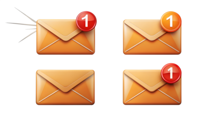 Four email notifications with unread messages isolated on transparent background
