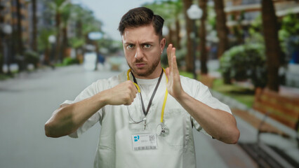 Young caucasian male doctor with stethoscope making a fighting gesture on a city street, capturing...