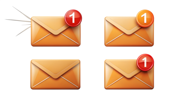 Four email notifications with unread messages isolated on transparent background