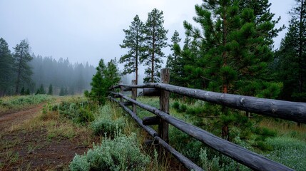 Fototapeta premium Misty forest with wooden fence and pine trees on a foggy day