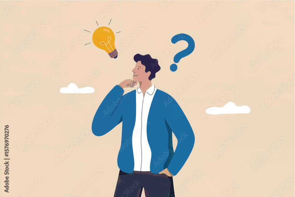 Poster a man in a blue jacket and dark pants is thoughtfully contemplating an idea represented by a glowing