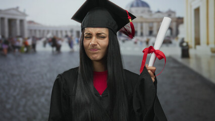 Young woman in graduation gown holds diploma outdoors at the vatican's san pedro square, expressing...