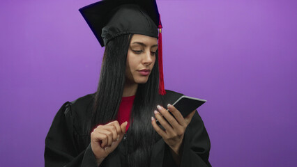 Woman in cap and gown holds a u.s. passport against a purple background, representing achievement...