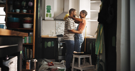 Painting, dance and black couple in home for love, remodeling or bonding together with support....