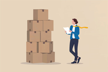 Businesswoman in blue jacket and yellow scarf reviewing documents next to a tall stack of cardboard boxes isolated on transparent background