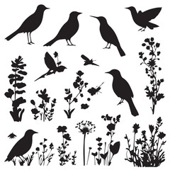 Obraz premium Seamless pattern with flying bird silhouettes on a branch, a vector illustration of nature's wildlife