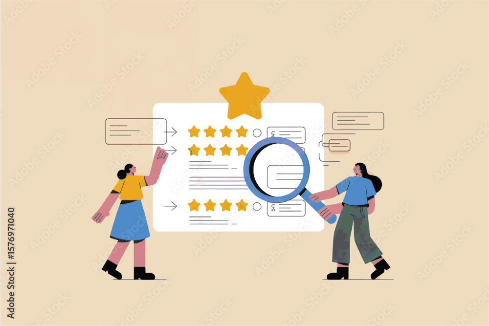 Poster two people examining a review board with stars and magnifying glass symbolizing analysis and evaluat