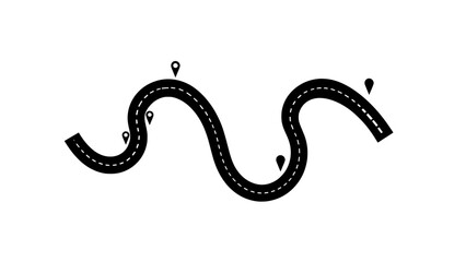 Curvy road with location markers in flat design style  on a transparent background