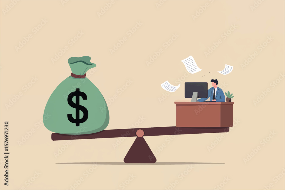Poster a businessperson working at a desk with a computer and flying papers is weighed against a large mone