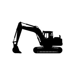 Excavator silhouette with extended arm on a transparent background