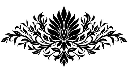 Black floral ornament design with intricate details and curves  on a transparent background