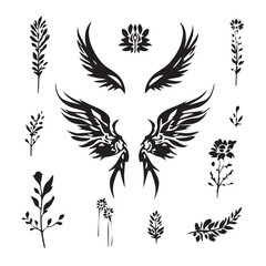Obraz premium Set of black tribal vector wings with floral elements for tattoo design decoration