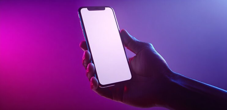 Hand holding mobile phone displaying a blank white scree