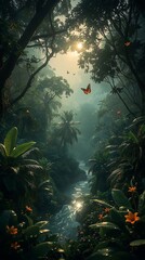 Fototapeta premium 2025's Misty Jungle Sunrise: 8K Ultra-Wide View of Golden Rays, River & Exotic Wildlife