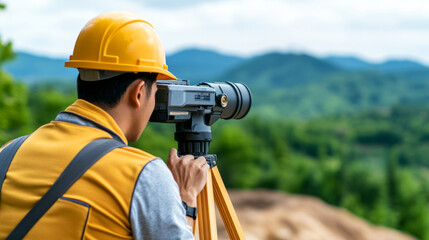 Obraz premium Construction Worker Using Surveying Equipment in Natural Landscape with Mountains in Background