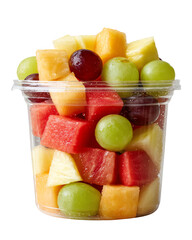 Isolated transparent png Container of fruits juicy assorted Fresh fruit salad in a clear cup featuring assorted diced fruits.