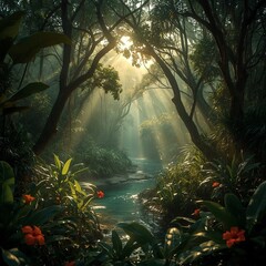 2025's Misty Jungle Sunrise: 8K Ultra-Wide View of Golden Rays, River & Exotic Wildlife