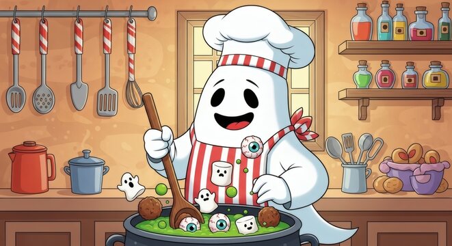 A Spooky Delight Cartoon Ghost Chef's Halloween Stew