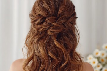 Naklejka premium Half-Up, Half-Down Twisted Hairstyle Created With Medium-Length Chestnut Hair. The Top Section Is Twisted And Pinned Elegantly, While The Remaining Hair Flows In Soft Curls. The Loo