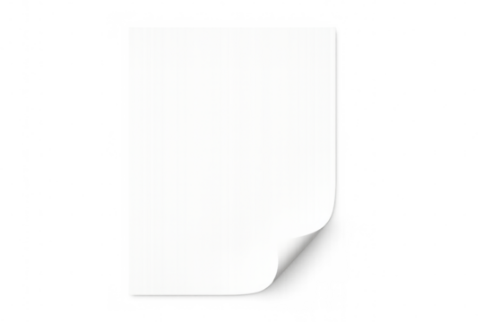 White paper sheet folding at corner, transparent background, ready for custom design or text overlay