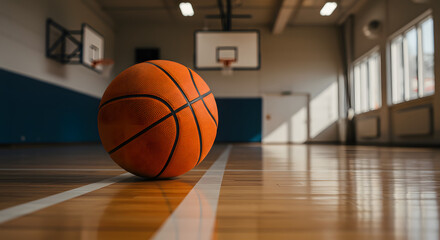 Naklejka premium Basketball on Polished Wooden Court Under Natural Light