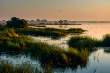 Golden Hour Embrace: Tranquility and Harmony in the Wetland Reaches at Dusk