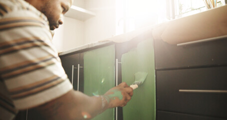Painting, remodeling and black man in kitchen for DIY project, renovation and creative decoration....