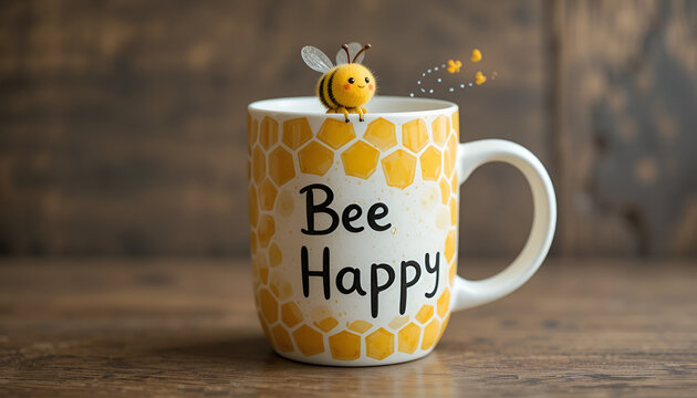 A white coffee mug with a honeycomb pattern with the text "Bee Happy" and a cute little bee sitting on the rim, placed on a wooden table.