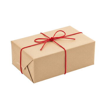 Rectangular parcel wrapped in plain paper with red string tied in a bow isolated on transparent background