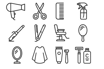 Barber and hairdressing tools: scissors, comb, mirrors, blow dryer, spray, razor