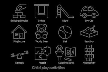 Child play activities: building blocks, swing, slide, toy car, and more