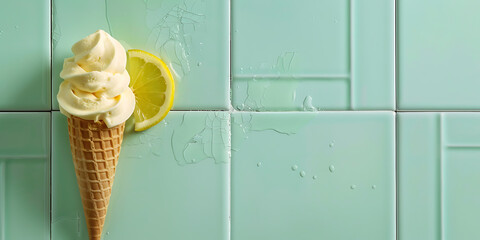 Ice Cream Cone with Lemon Slice on Teal Tiled Background

