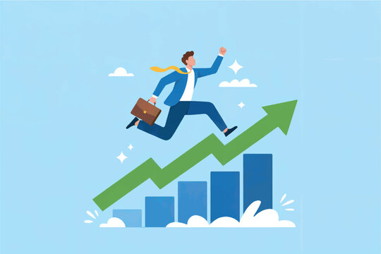 Successful businessman in a suit with a briefcase jumps over a rising green arrow graph symbolizing business growth and success isolated on transparent background