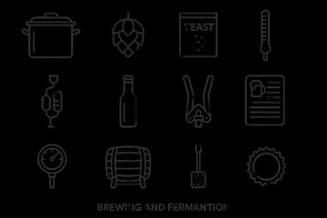 Brewing and fermentation tools icon set featuring yeast, thermometer, hops, and barrel