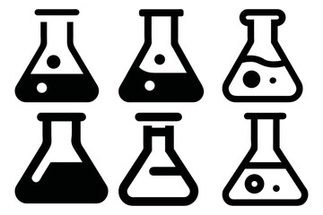 Illustration of six black and white laboratory flasks with varying liquid levels inside them
