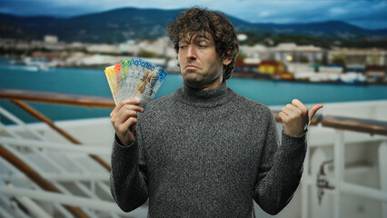 Hispanic man on cruise holds swiss francs pointing aside with seaside view suggesting travel decisions outdoors.