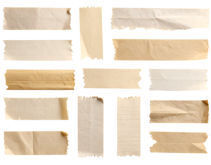 Collection of old, ripped, and textured paper pieces with tape on a grunge wood background