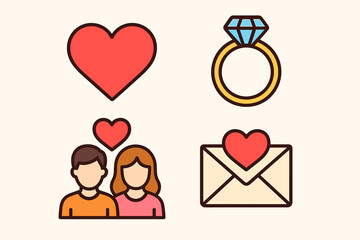 Romantic elements: heart, engagement ring, couple, envelope with heart