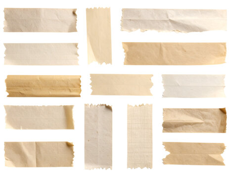 Naklejki Collection of old, ripped, and textured paper pieces with tape on a grunge wood background